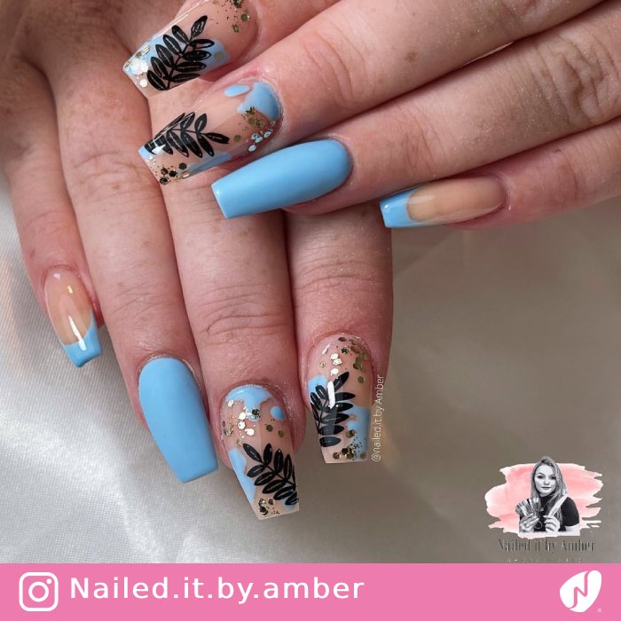 Glossy Abstract Nails with Leaves